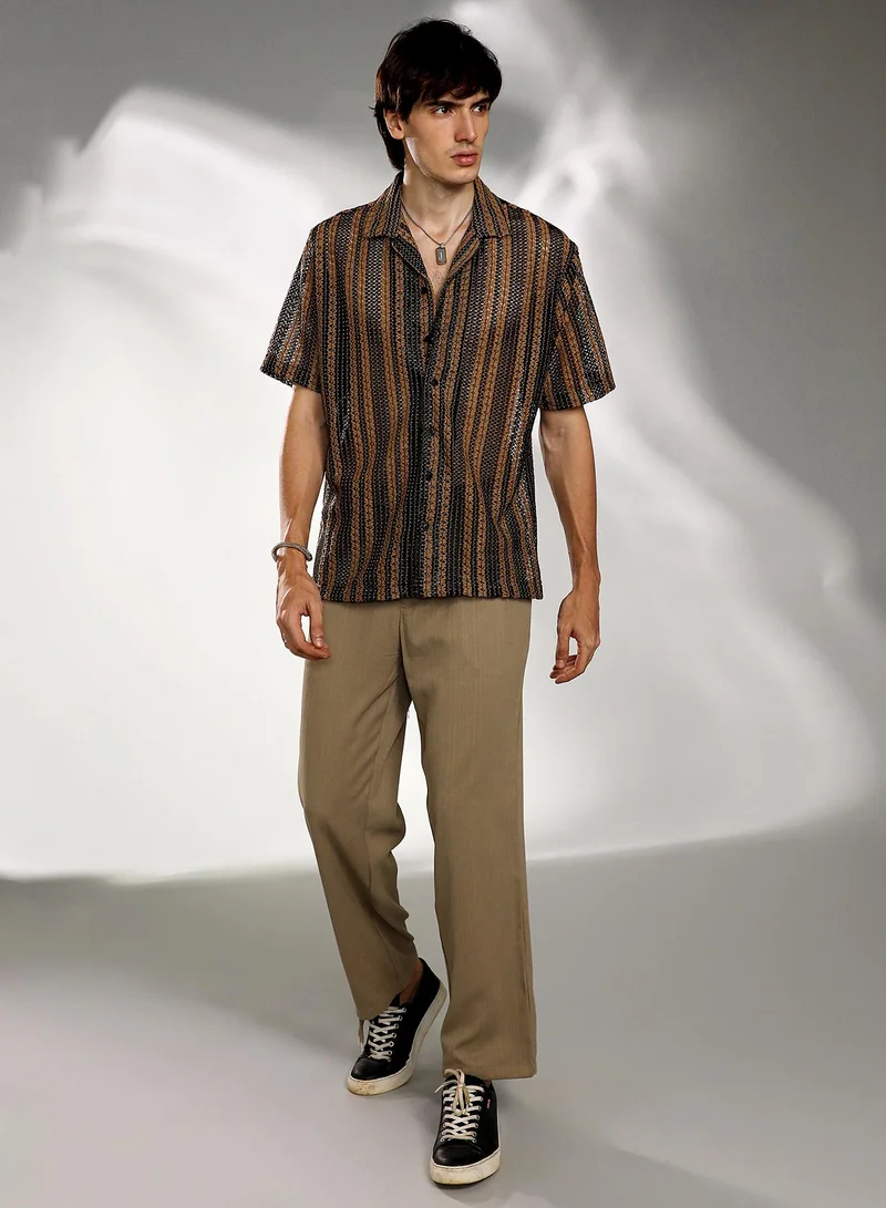 Campus Sutra Men's Camel Brown & Midnight Black Multitrack Knit Oversized Shirt