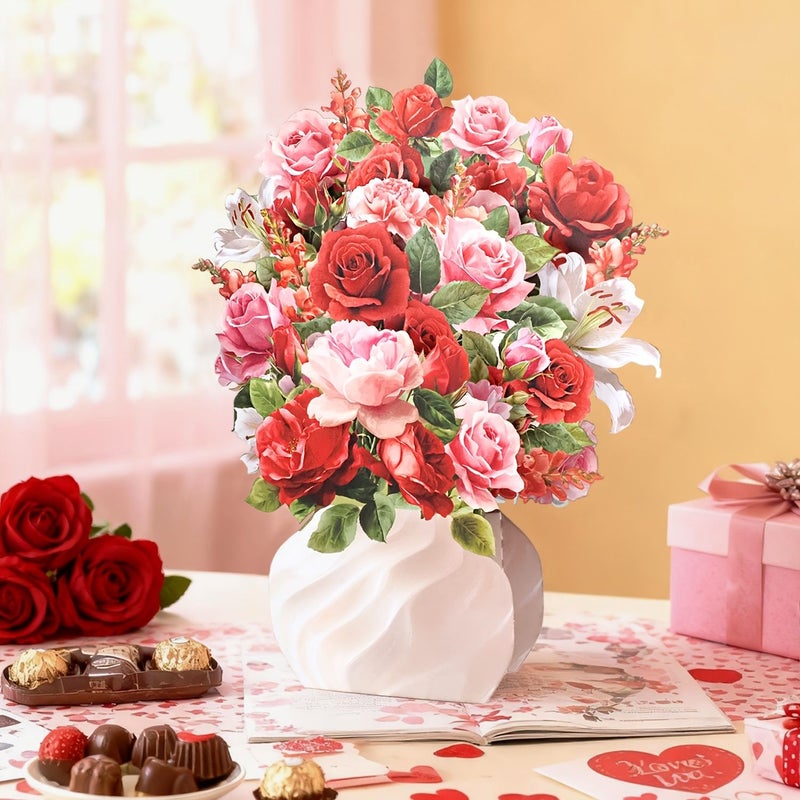 Rose Bouquet Pop Up Greeting Card Floral Ornament Birthday Wedding Gift - Image 1