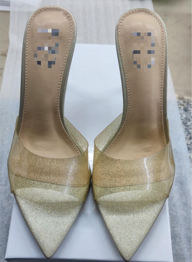 Loquat Women's Shiny Transparent Pointed Toe One Line Design High Heeled Sandals Gold 8.5CM 