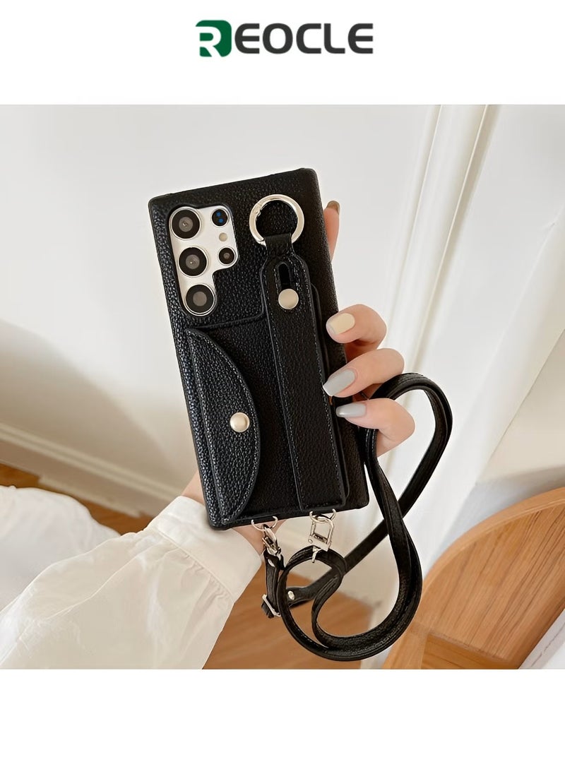 ريوكل جراب هاتف Samsung Galaxy S23 22 Ultra مع حامل بطاقات وحزام كتف وحزام معصم من نسيج الليتشي لهاتف Galaxy S23 22 Ultra - Image 1