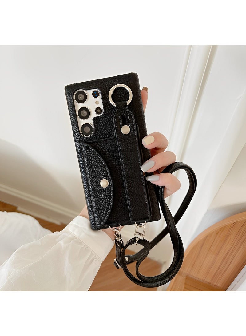 ريوكل جراب هاتف Samsung Galaxy S23 22 Ultra مع حامل بطاقات وحزام كتف وحزام معصم من نسيج الليتشي لهاتف Galaxy S23 22 Ultra - Image 2