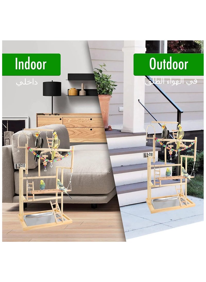 XICEN - The Pet Parrot Playstand Parrots Bird Playground Bird Play Stand Wood Perch Gym Playpen Ladder with Feeder Cups Bells for Cockatiel Parakeet (4 Layers) - Image 1