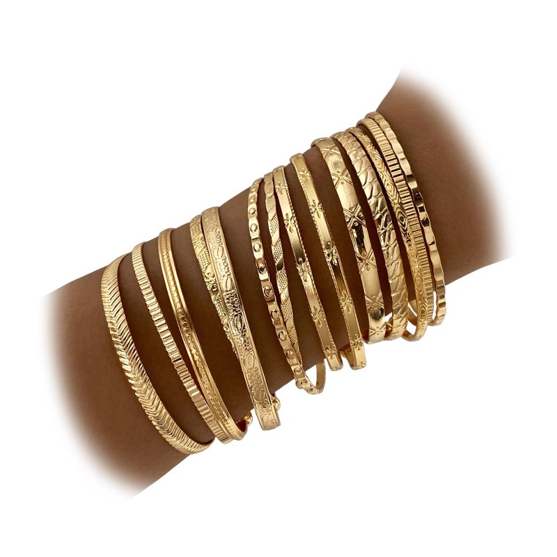 IFKM Gold Bangles Bracelets For Women, 14k Gold Plated Multi Layer Stackable Open Bracelet Set, Elegance Trendy Charms Non Tarnish Minimalist Textured Boho Jewelry Gift for Women - Image 1