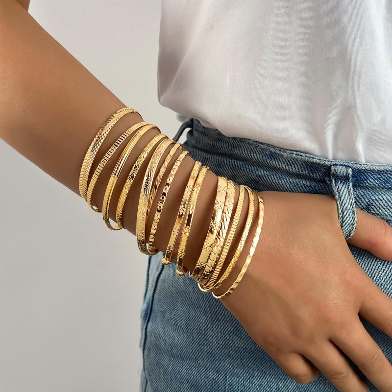 IFKM Gold Bangles Bracelets For Women, 14k Gold Plated Multi Layer Stackable Open Bracelet Set, Elegance Trendy Charms Non Tarnish Minimalist Textured Boho Jewelry Gift for Women - Image 2
