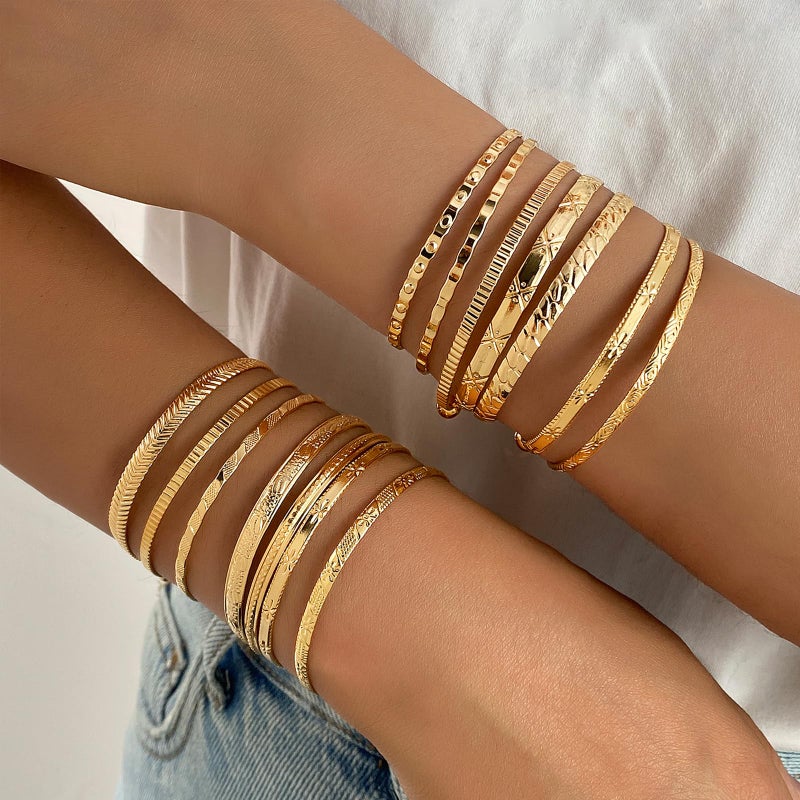 IFKM Gold Bangles Bracelets For Women, 14k Gold Plated Multi Layer Stackable Open Bracelet Set, Elegance Trendy Charms Non Tarnish Minimalist Textured Boho Jewelry Gift for Women - Image 3