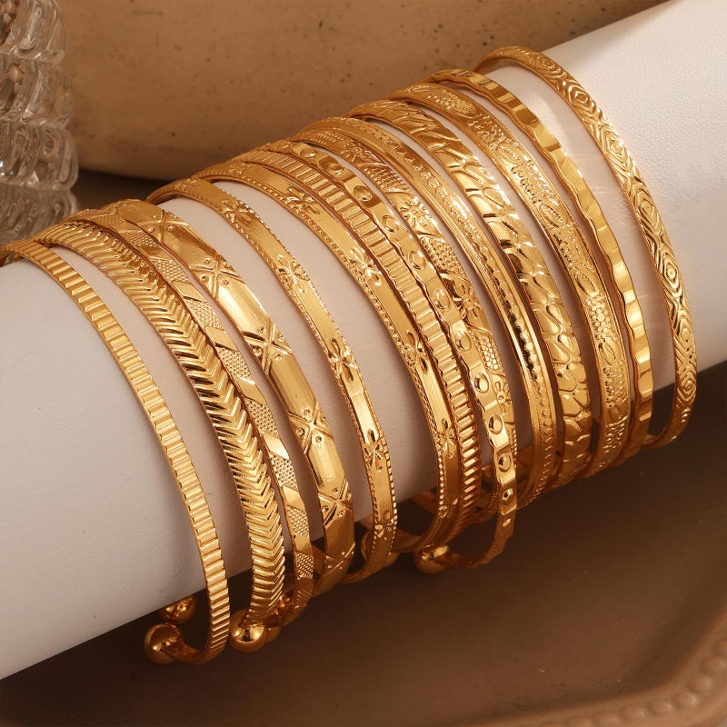 IFKM Gold Bangles Bracelets For Women, 14k Gold Plated Multi Layer Stackable Open Bracelet Set, Elegance Trendy Charms Non Tarnish Minimalist Textured Boho Jewelry Gift for Women - Image 4