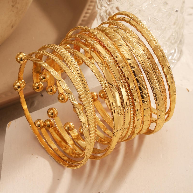 IFKM Gold Bangles Bracelets For Women, 14k Gold Plated Multi Layer Stackable Open Bracelet Set, Elegance Trendy Charms Non Tarnish Minimalist Textured Boho Jewelry Gift for Women - Image 5