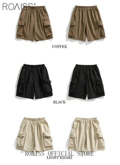 roaiss Large Pockets Outdoor Sports Shorts for Men Versatile Casual Polyester Fiber Loose Drawstring Beach Shorts Mens Simple Comfortable Breathable Skin-Friendly Cargo Half Pants  - Image 3