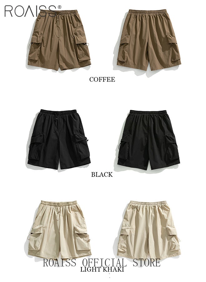 roaiss - Large Pockets Outdoor Sports Shorts for Men Versatile Casual Polyester Fiber Loose Drawstring Beach Shorts Mens Simple Comfortable Breathable Skin-Friendly Cargo Half Pants - Image 1
