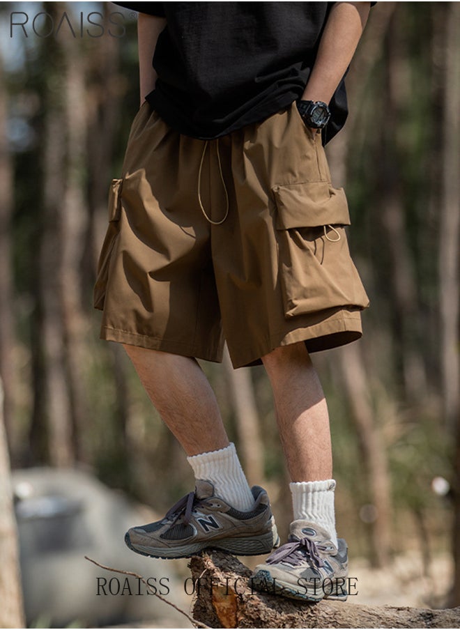 roaiss - Large Pockets Outdoor Sports Shorts for Men Versatile Casual Polyester Fiber Loose Drawstring Beach Shorts Mens Simple Comfortable Breathable Skin-Friendly Cargo Half Pants - Image 1