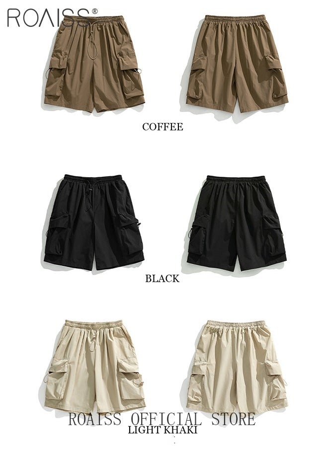 roaiss - Large Pockets Outdoor Sports Shorts for Men Versatile Casual Polyester Fiber Loose Drawstring Beach Shorts Mens Simple Comfortable Breathable Skin-Friendly Cargo Half Pants - Image 1