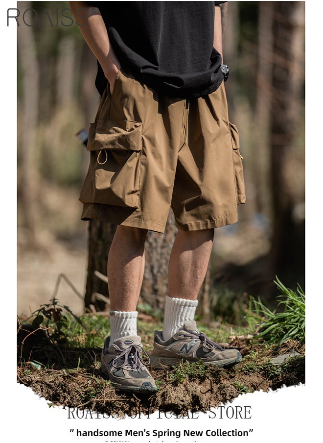 roaiss - Large Pockets Outdoor Sports Shorts for Men Versatile Casual Polyester Fiber Loose Drawstring Beach Shorts Mens Simple Comfortable Breathable Skin-Friendly Cargo Half Pants - Image 1