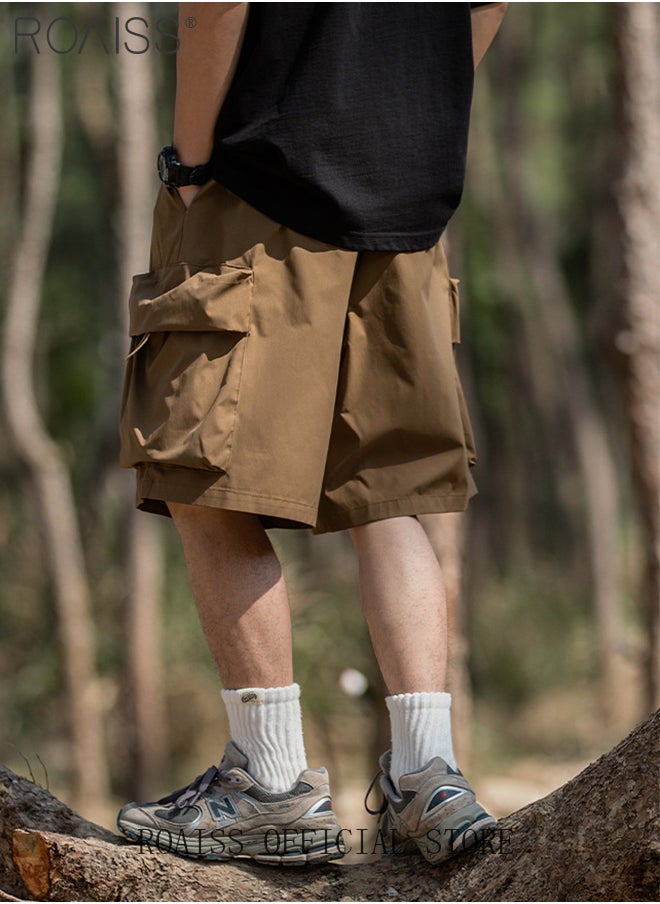 roaiss - Large Pockets Outdoor Sports Shorts for Men Versatile Casual Polyester Fiber Loose Drawstring Beach Shorts Mens Simple Comfortable Breathable Skin-Friendly Cargo Half Pants - Image 1