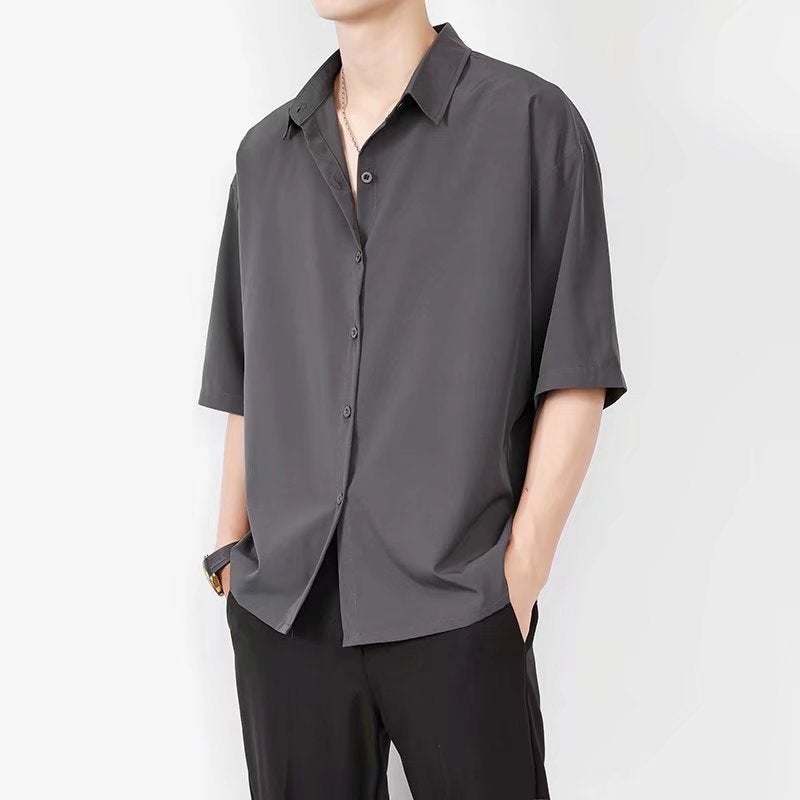 Black Long Sleeve Mens Summer Loose Casual Ice Silk Shirt Tie  - Image 2