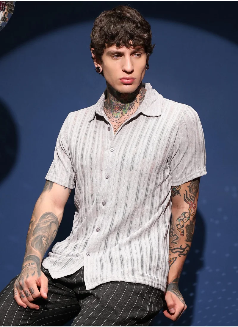 كامبوس سوترا Men's Cloud Grey Ridge Knit Shirt For Casual Wear | Spread Collar | Short Regular Sleeves | Button Closure | Shirt Crafted With Comfort Fit For Everyday Wear