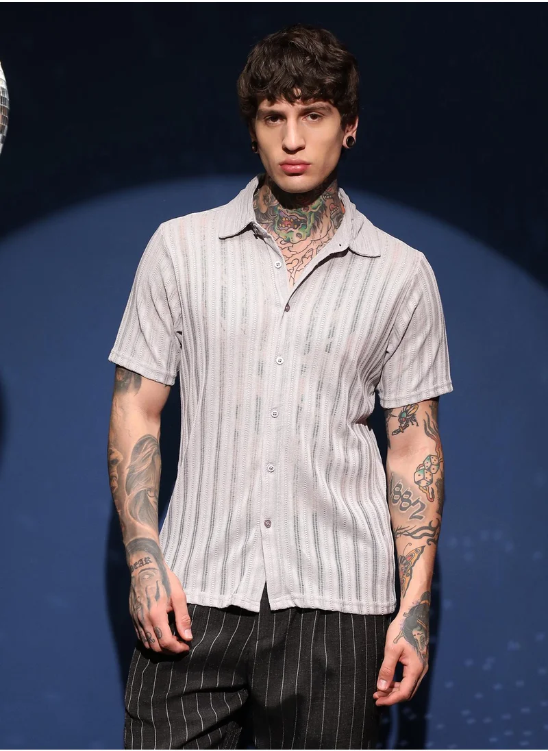 كامبوس سوترا Men's Cloud Grey Ridge Knit Shirt For Casual Wear | Spread Collar | Short Regular Sleeves | Button Closure | Shirt Crafted With Comfort Fit For Everyday Wear
