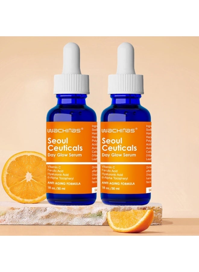 واكيناس عبوتان من سيروم سيول سيوتيكالز النهاري لإشراقة البشرة مع 20% فيتامين سي، سيروم حمض الهيالورونيك، سيروم معتمد من الاتحاد الأوروبي، مضاد قوي للشيخوخة والتجاعيد، 30 مل × 2 - Image 1