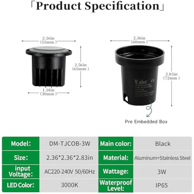 V.nice 3W LED In-Ground Landscape Lights Waterproof Outdoor Garden Well Lights, 220 Voltage Wired Uplights for Deck, Patio, Yard, Pathway(3W) - Image 3