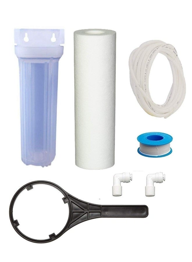 TRANSPARENT PRE FILTER HOUSING WITH SPUN 10INCHES 14 CONNECTORS AND TEFLON TAPE FOR ALL RO AND UV WATER PURIFIER SYSTEM