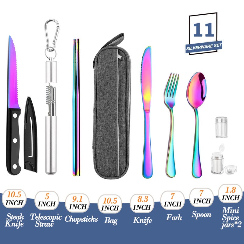 HOMMALY Portable Travel Reusable Utensils Silverware With Case Travel Camping Cutlery Set Chopsticks And Straw Flatware  Stainless Steel Utensil Set (Rainbow) U - Image 2