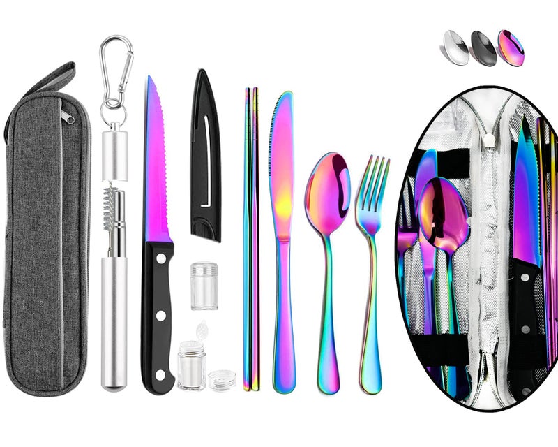 HOMMALY Portable Travel Reusable Utensils Silverware With Case Travel Camping Cutlery Set Chopsticks And Straw Flatware  Stainless Steel Utensil Set (Rainbow) U - Image 1