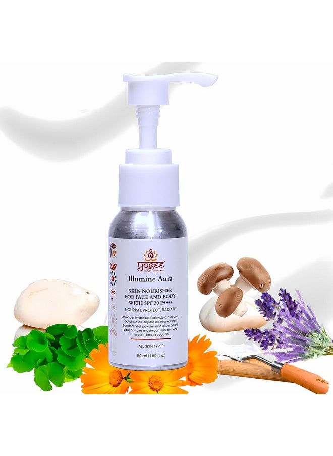 يوجي - Illumine Aura مغذي للبشرة للوجه والجسم مع عامل حماية من الشمس SPF 30، ترطيب وحماية من الأشعة فوق البنفسجية، بشرة أقل إشعاعًا، لا حب الشباب ولا ندبات، بروبيوتيك 50 مل - Image 1