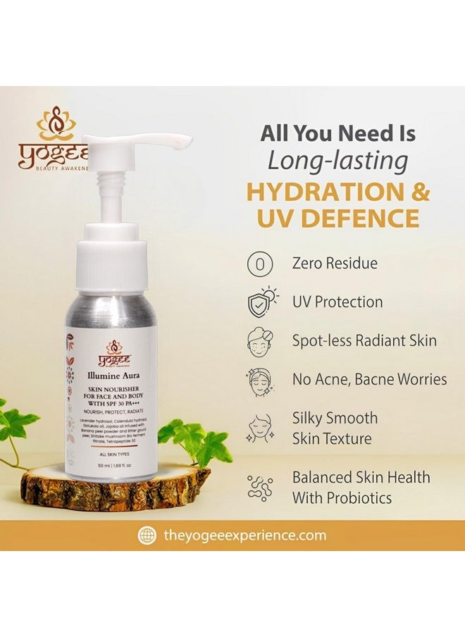 يوجي - Illumine Aura مغذي للبشرة للوجه والجسم مع عامل حماية من الشمس SPF 30، ترطيب وحماية من الأشعة فوق البنفسجية، بشرة أقل إشعاعًا، لا حب الشباب ولا ندبات، بروبيوتيك 50 مل - Image 1