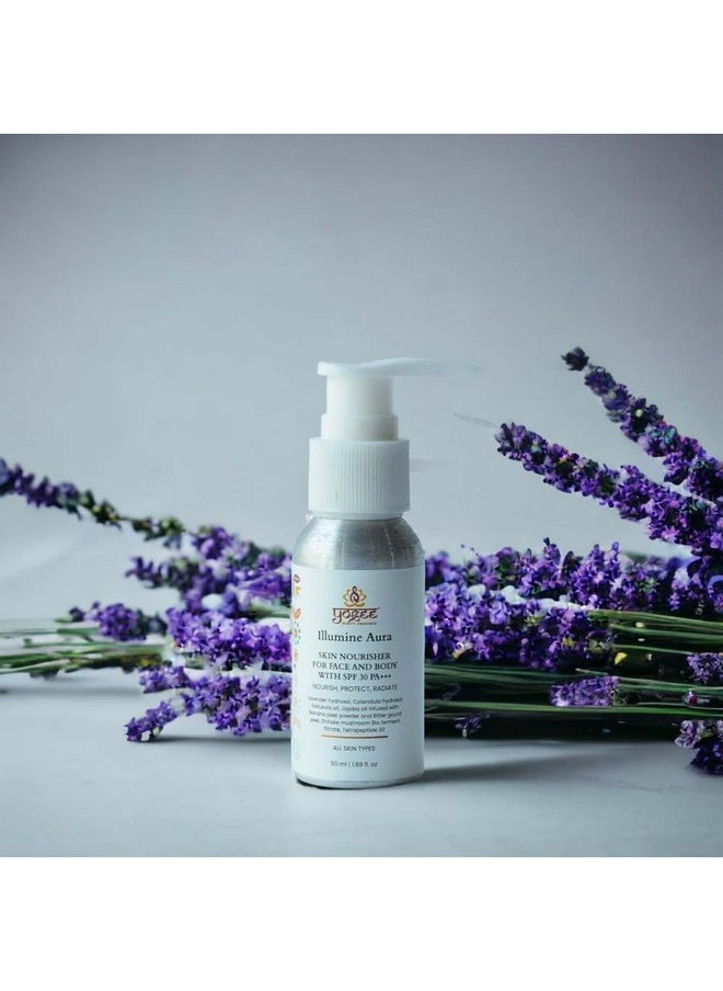 يوجي - Illumine Aura مغذي للبشرة للوجه والجسم مع عامل حماية من الشمس SPF 30، ترطيب وحماية من الأشعة فوق البنفسجية، بشرة أقل إشعاعًا، لا حب الشباب ولا ندبات، بروبيوتيك 50 مل - Image 1