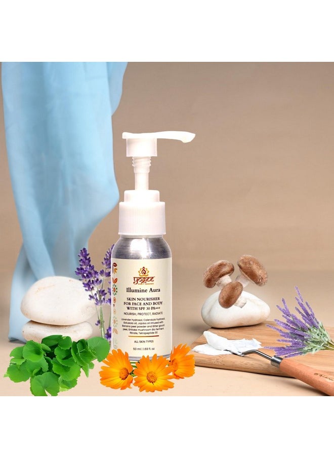 يوجي - Illumine Aura مغذي للبشرة للوجه والجسم مع عامل حماية من الشمس SPF 30، ترطيب وحماية من الأشعة فوق البنفسجية، بشرة أقل إشعاعًا، لا حب الشباب ولا ندبات، بروبيوتيك 50 مل - Image 1