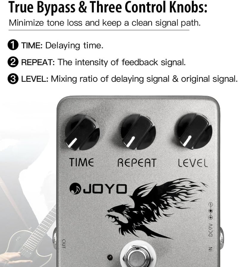 JOYO Digital Delay Effect Pedal for Electric Guitar & Bass - 25ms-600ms Range, Analog Sound, True Bypass (JF-08) - Image 4