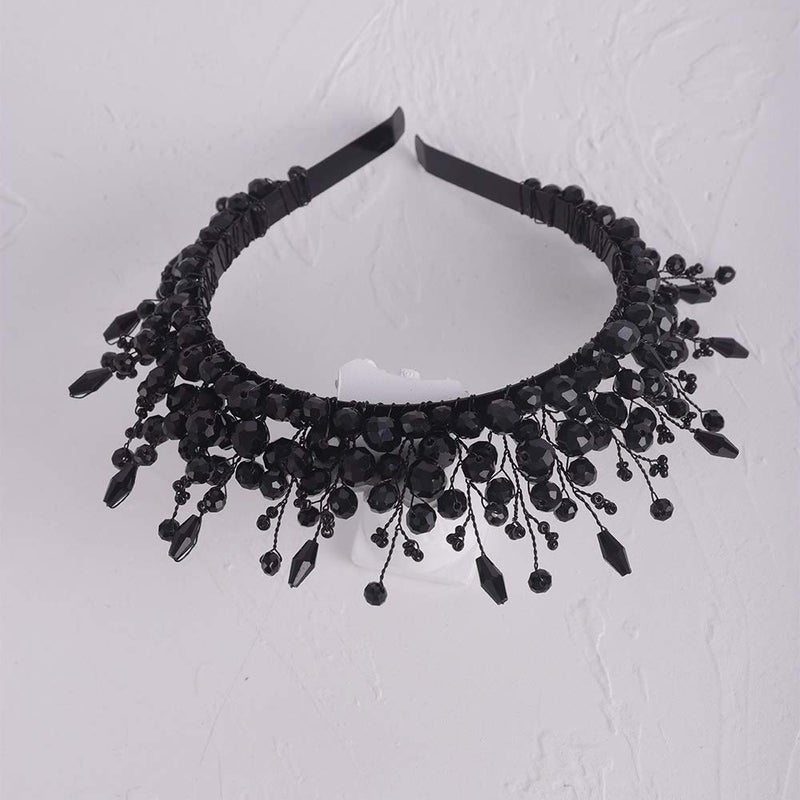 Aimimier Bridal Black Crystal Tiara Crown Handmade Baroque Headband Luxury Wide Hair Hoop Princess Prom Party Hair Jewelry for Women and Girls - Image 3