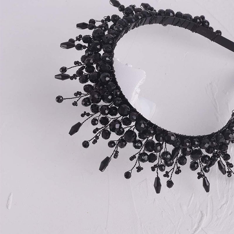 Aimimier Bridal Black Crystal Tiara Crown Handmade Baroque Headband Luxury Wide Hair Hoop Princess Prom Party Hair Jewelry for Women and Girls - Image 4