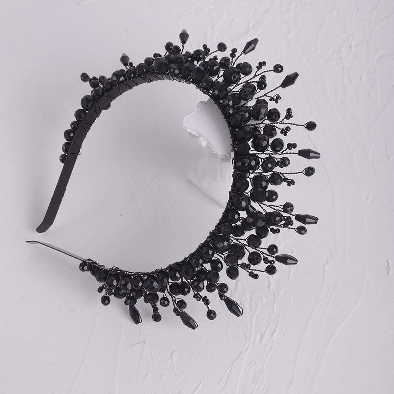 Aimimier Bridal Black Crystal Tiara Crown Handmade Baroque Headband Luxury Wide Hair Hoop Princess Prom Party Hair Jewelry for Women and Girls - Image 2