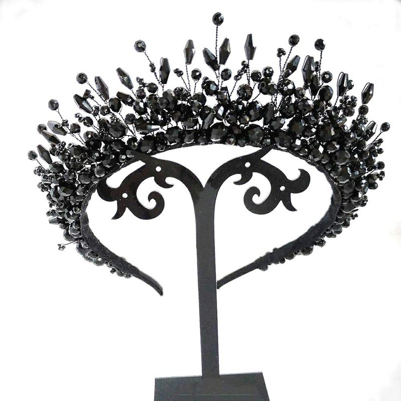 Aimimier Bridal Black Crystal Tiara Crown Handmade Baroque Headband Luxury Wide Hair Hoop Princess Prom Party Hair Jewelry for Women and Girls - Image 1