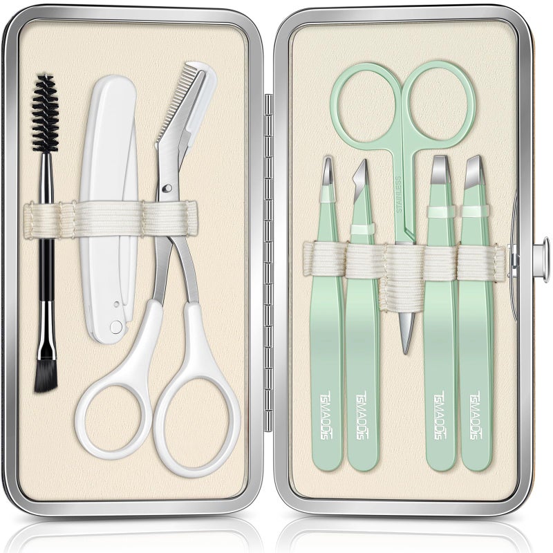 TsMADDTs Tweezers for Women, 8 in 1 Eyebrow Kit with Tweezers, Trimmer, Scissor, Razor, Brush with Travel Bag, Eyebrow Shaping Kit - Image 1