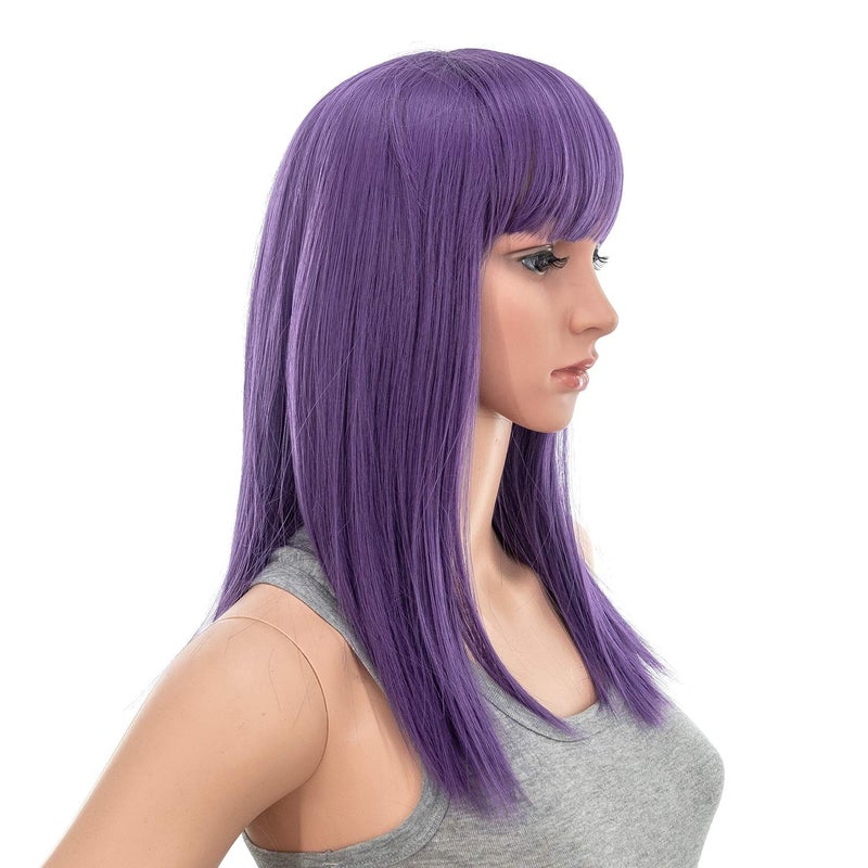 SWACC 14 Inches Short Straight Medium Shoulder Length Wig with Blunt Cut Bangs and Bottom End Synthetic Heat Resistant Hair Wigs for Women with Wig Cap (Dark Lavender Purple) - Image 3