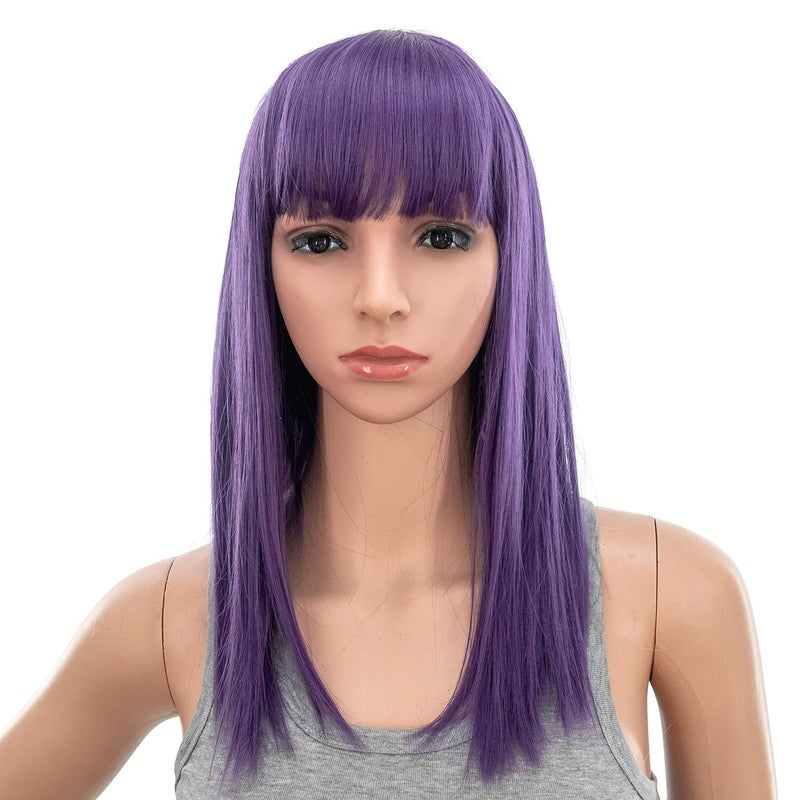 SWACC 14 Inches Short Straight Medium Shoulder Length Wig with Blunt Cut Bangs and Bottom End Synthetic Heat Resistant Hair Wigs for Women with Wig Cap (Dark Lavender Purple) - Image 1