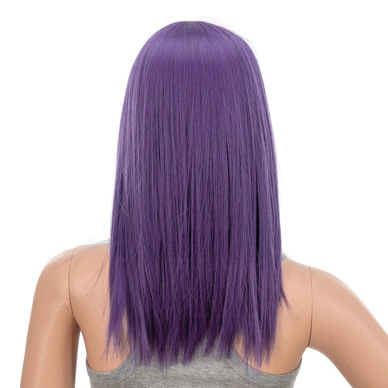 SWACC 14 Inches Short Straight Medium Shoulder Length Wig with Blunt Cut Bangs and Bottom End Synthetic Heat Resistant Hair Wigs for Women with Wig Cap (Dark Lavender Purple) - Image 2