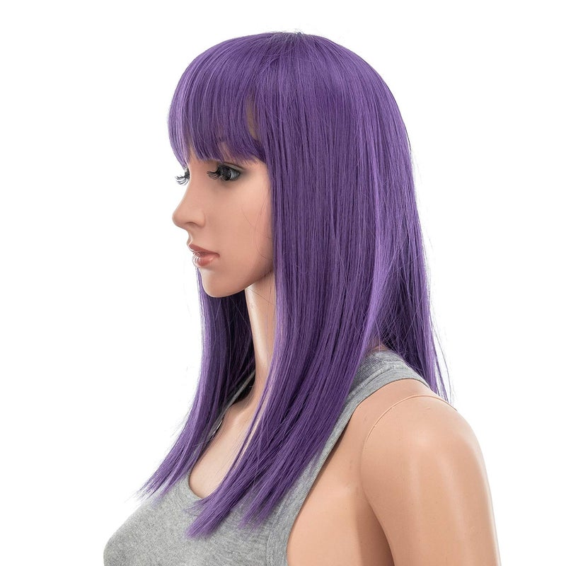 SWACC 14 Inches Short Straight Medium Shoulder Length Wig with Blunt Cut Bangs and Bottom End Synthetic Heat Resistant Hair Wigs for Women with Wig Cap (Dark Lavender Purple) - Image 4