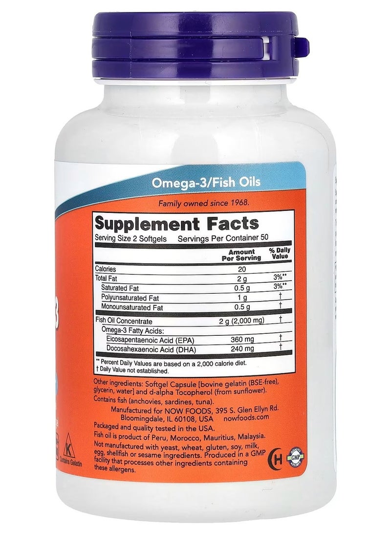now Omega-3 Molecularly Distilled Fish Oil For Cardiovascular Support 100 Softgels - Image 2