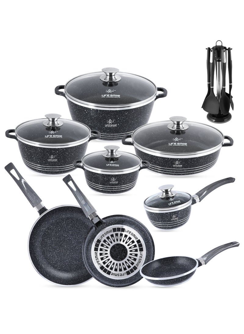 Life Smile 20Pcs Granite Cookware Set – Non stick Cookwares, Oven-Safe Pots and Pans Includes, 16/20/24/28cm  Casseroles with lid, 28cm Shallow Pot with lid,20/24/28cm Frying Pans & 7pcs Silicone Kitchen Spoons with Stand - Image 1