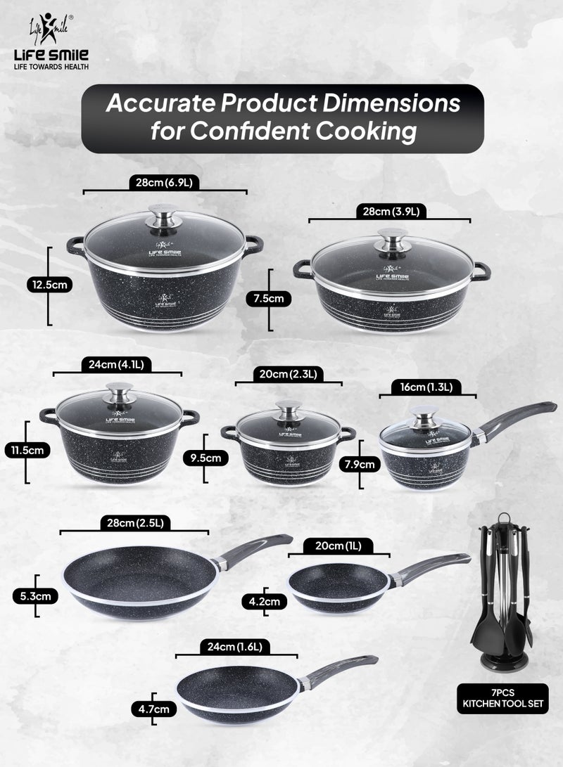 Life Smile 20Pcs Granite Cookware Set – Non stick Cookwares, Oven-Safe Pots and Pans Includes, 16/20/24/28cm  Casseroles with lid, 28cm Shallow Pot with lid,20/24/28cm Frying Pans & 7pcs Silicone Kitchen Spoons with Stand - Image 3