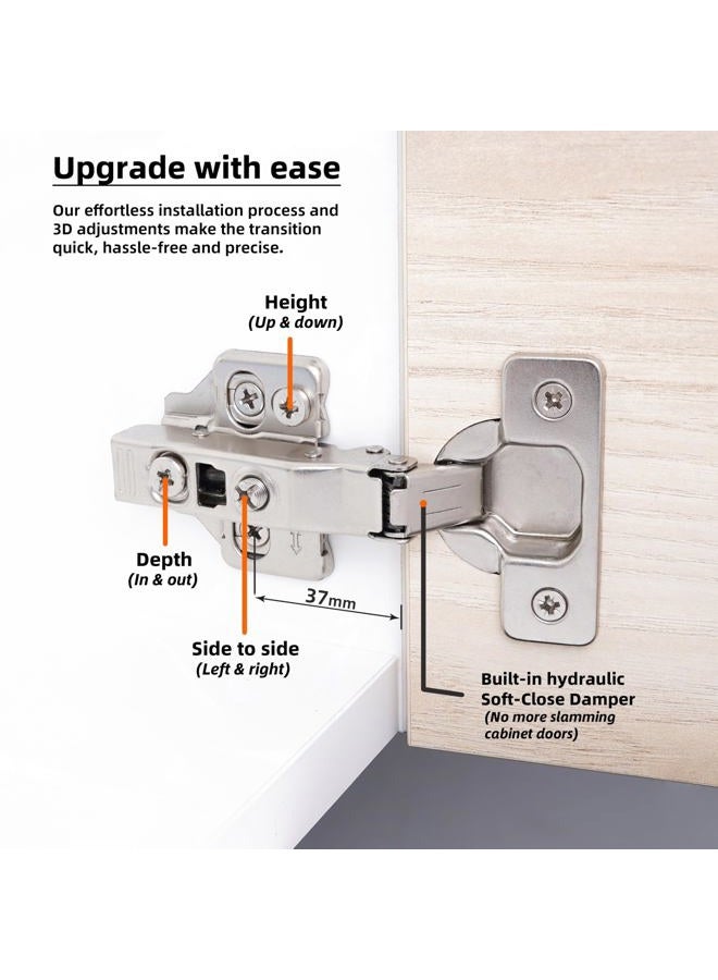 DecoBasics Full Overlay European Soft Close Cabinet Hinges for Kitchen Cabinets (40 Pcs) -105° Frameless Concealed Cabinet Door Hinge -8 Way Adjustability & Clip on Plate for Easy Installation - Image 3