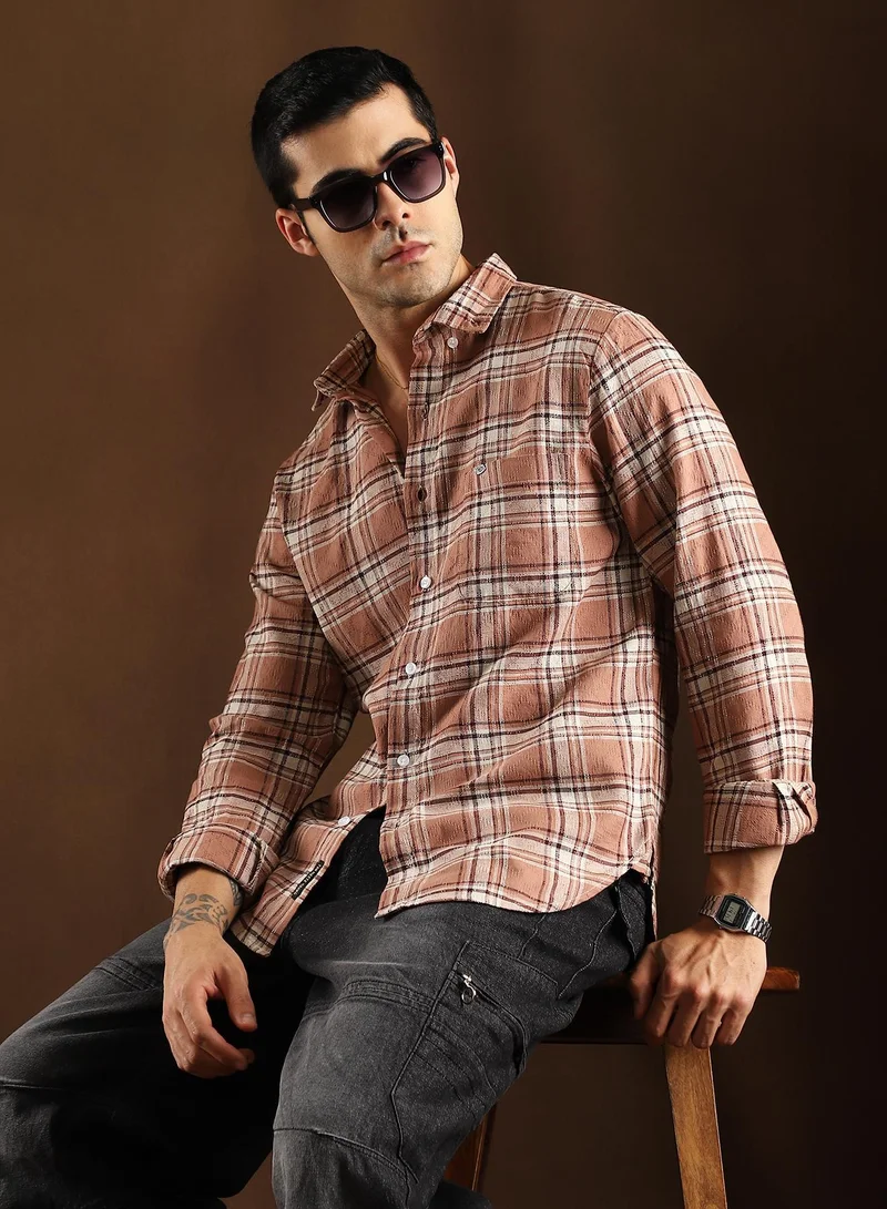 Campus Sutra Campus Sutra Men's Camel Brown Tactile-Check Regular Shirt For Casual Wear | Spread Collar | Long Cuffed Sleeves | Button Closure | Shirt Crafted With Comfort Fit For Everyday Wear