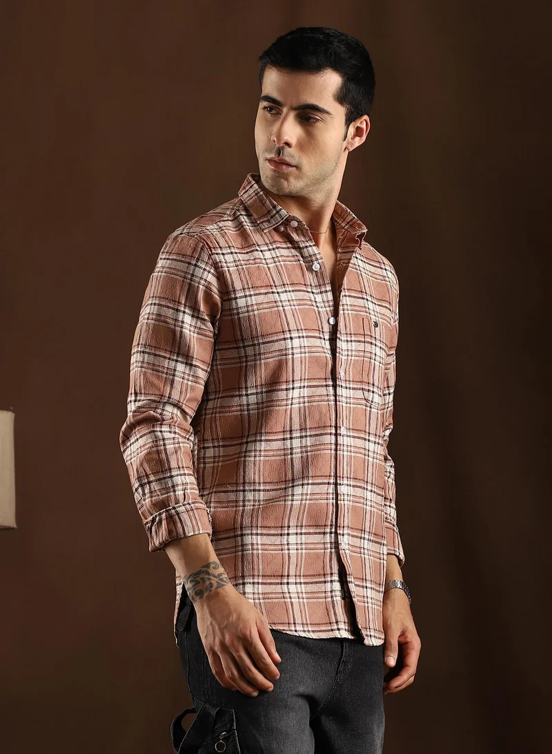 CAHOOT  Men's Camel Brown Tactile-Check Regular Shirt for Men | Best Price UAE