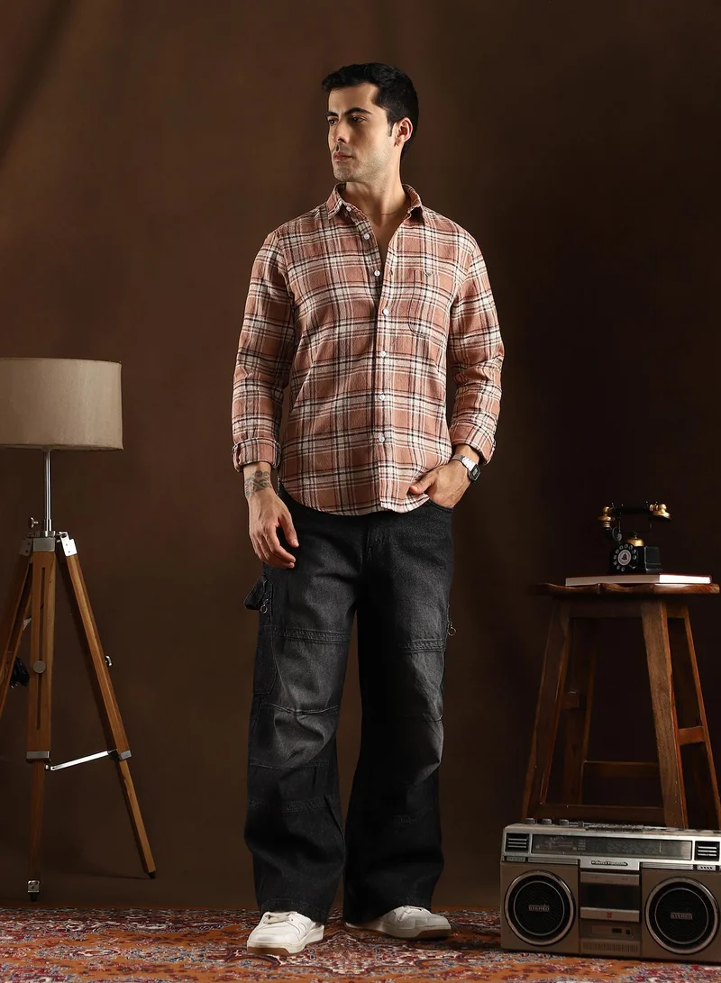 CAHOOT  Men's Camel Brown Tactile-Check Regular Shirt for Men | Best Price UAE