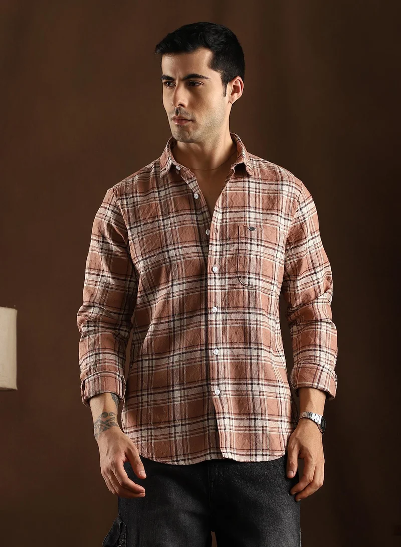 Men's Camel Brown Tactile-Check Regular Shirt