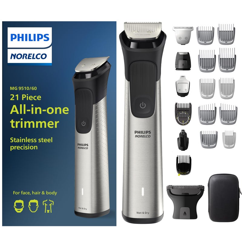 Norelco New Philips Multigroom Series 9000-21 Piece Men's Grooming Kit for Beard, Body, face, Nose, Ear Hair Trimmer w/Premium Storage case, MG9510/60 - Image 1