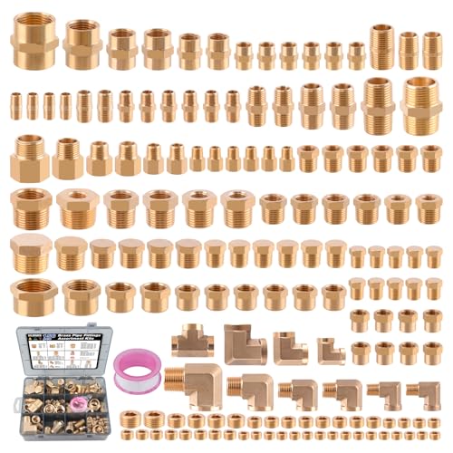 Ailbiuko 156PCS Brass Pipe Fittings Assortment Kit 18 14 38 12 34 NPT AdapterReducer Bushing Hex Nipple Reducing Hex CouplingHex Head PlugsStreet ElbowStreet TeeSocket Plug - Image 1