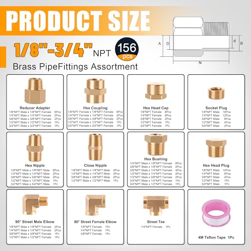 Ailbiuko 156PCS Brass Pipe Fittings Assortment Kit 18 14 38 12 34 NPT AdapterReducer Bushing Hex Nipple Reducing Hex CouplingHex Head PlugsStreet ElbowStreet TeeSocket Plug - Image 3
